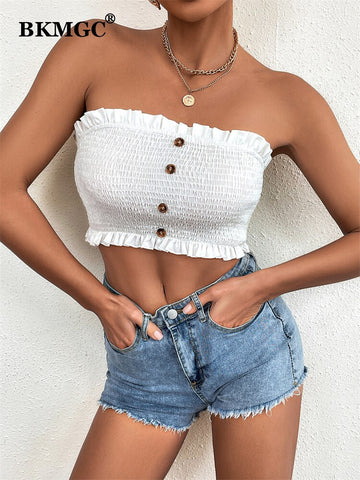 BKMGC White Vest Top Women Retro Solid Color Wood Ear Edge Elastic Strapless Top Casual Vest Summer Womenbar 2872