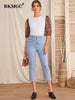 BKMGC White Women Blouse Slim Fit Half Puff See-Through Foral Flowers Print Chiffon Sleeves O Neck Autumn Pullover Shirt #5022