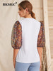 BKMGC White Women Blouse Slim Fit Half Puff See-Through Foral Flowers Print Chiffon Sleeves O Neck Autumn Pullover Shirt #5022