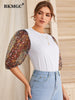 BKMGC White Women Blouse Slim Fit Half Puff See-Through Foral Flowers Print Chiffon Sleeves O Neck Autumn Pullover Shirt #5022