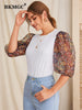 BKMGC White Women Blouse Slim Fit Half Puff See-Through Foral Flowers Print Chiffon Sleeves O Neck Autumn Pullover Shirt #5022
