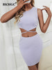 BKMGC Woman's Short Skirt Suit Lace Tie Hem Vest Crop Top and Mini Bodycon Sexy Solid Lavendar Light Purple 2 Pieces Set 2777