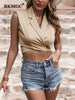 BKMGC Women Blouse Shirt Champagne Khaki Sleeveless Suit Collar Sexy Cross Knotted Bow Tie Waist Casual Bandage Crop Top 2771