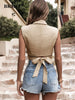 BKMGC Women Blouse Shirt Champagne Khaki Sleeveless Suit Collar Sexy Cross Knotted Bow Tie Waist Casual Bandage Crop Top 2771