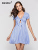 BKMGC Women Dresses Summer Striped V-neck Bandage Short Sleeve Woman Sexy Dress Women Party Night Club Wear Mini Dress 9041