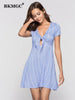 BKMGC Women Dresses Summer Striped V-neck Bandage Short Sleeve Woman Sexy Dress Women Party Night Club Wear Mini Dress 9041