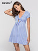 BKMGC Women Dresses Summer Striped V-neck Bandage Short Sleeve Woman Sexy Dress Women Party Night Club Wear Mini Dress 9041