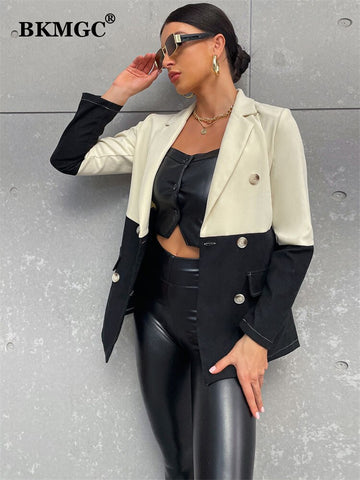 BKMGC Women Jacket and Blazer Autumn Winter Black and White Stitching Design Button Suit Coat Office Lady Jackets For Women 2023
