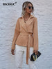 BKMGC Women Jacket and Blazer Spring Autumn Office Ladies Streetwear Solid Belt Khaki Cardigan Coat Female 6031