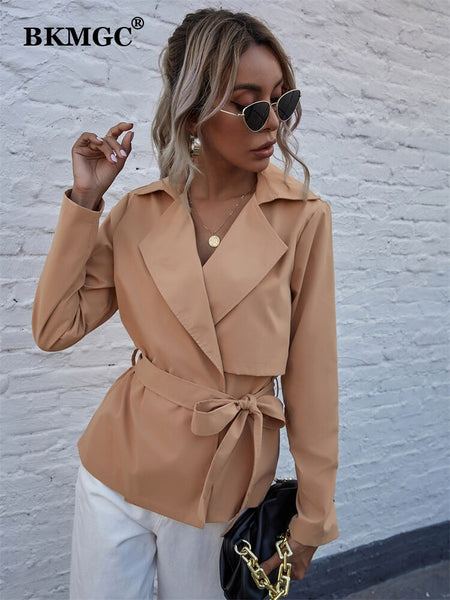 BKMGC Women Jacket and Blazer Spring Autumn Office Ladies Streetwear Solid Belt Khaki Cardigan Coat Female 6031