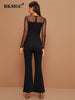 BKMGC Women Jumpsuits Outfits Elegant Mesh Splicing O-neck Solid Color Long Sleeve Sexy Slim Fit Jumpsuit Pants Clubwear 9982