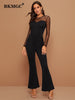 BKMGC Women Jumpsuits Outfits Elegant Mesh Splicing O-neck Solid Color Long Sleeve Sexy Slim Fit Jumpsuit Pants Clubwear 9982