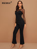 BKMGC Women Jumpsuits Outfits Elegant Mesh Splicing O-neck Solid Color Long Sleeve Sexy Slim Fit Jumpsuit Pants Clubwear 9982