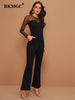 BKMGC Women Jumpsuits Outfits Elegant Mesh Splicing O-neck Solid Color Long Sleeve Sexy Slim Fit Jumpsuit Pants Clubwear 9982