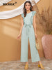 BKMGC Women Jumpsuits Outfits Solid White Mint Green Blue Ruffle Sleeveless High Waist Slim Wide Leg Pants Lace Up Summer 5068
