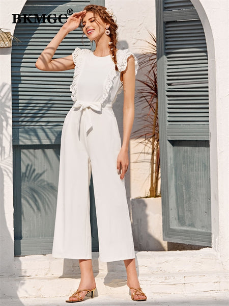 BKMGC Women Jumpsuits Outfits Solid White Mint Green Blue Ruffle Sleeveless High Waist Slim Wide Leg Pants Lace Up Summer 5068