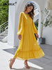 BKMGC Yellow 3D Dots Patchwork O-neck Lace Backline Mesh Chiffon Ruffle Hem Long Sleeve Maxi Dress For Women Summer Autumn Cloth