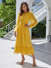BKMGC Yellow 3D Dots Patchwork O-neck Lace Backline Mesh Chiffon Ruffle Hem Long Sleeve Maxi Dress For Women Summer Autumn Cloth