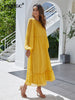 BKMGC Yellow 3D Dots Patchwork O-neck Lace Backline Mesh Chiffon Ruffle Hem Long Sleeve Maxi Dress For Women Summer Autumn Cloth
