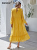 BKMGC Yellow 3D Dots Patchwork O-neck Lace Backline Mesh Chiffon Ruffle Hem Long Sleeve Maxi Dress For Women Summer Autumn Cloth