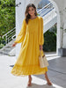 BKMGC Yellow 3D Dots Patchwork O-neck Lace Backline Mesh Chiffon Ruffle Hem Long Sleeve Maxi Dress For Women Summer Autumn Cloth
