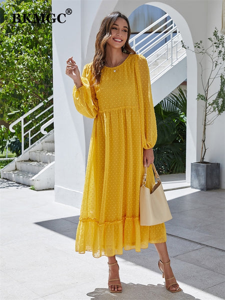 BKMGC Yellow 3D Dots Patchwork O-neck Lace Backline Mesh Chiffon Ruffle Hem Long Sleeve Maxi Dress For Women Summer Autumn Cloth