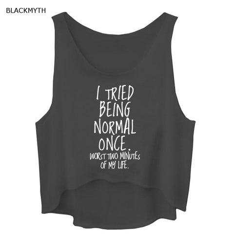 Clothing Women's Black Funny Shirts White I TRIED BEING NORMAL Letters Print Summer Sleeveless Grey Crop Tank Tops