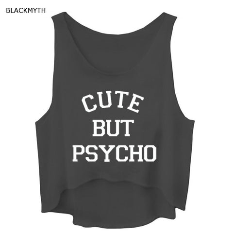 Ladies Summer BUT PSYCHO Printed Letter Street Woman Short Tanks Crop Tops Sleeveless Round Neck Fashion Black White