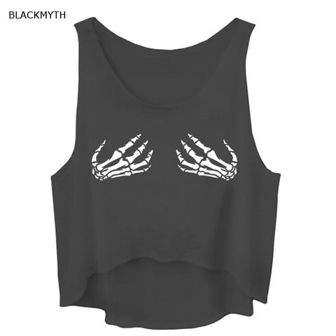 Summer Sleeveless White Tank Tops Women's Loose Interesting Shirts Hands Print Black Grey Crop Clothing