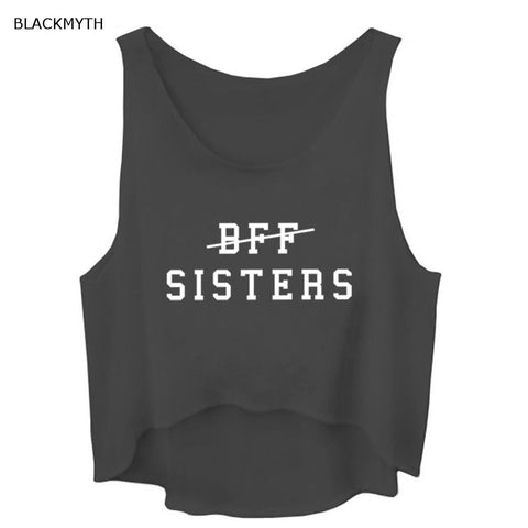 Summer Style White Casual Sleeveless Grey Shirt Tank Crop Tops BFF SISTERS Letter Print Women's Black Loose Clothing