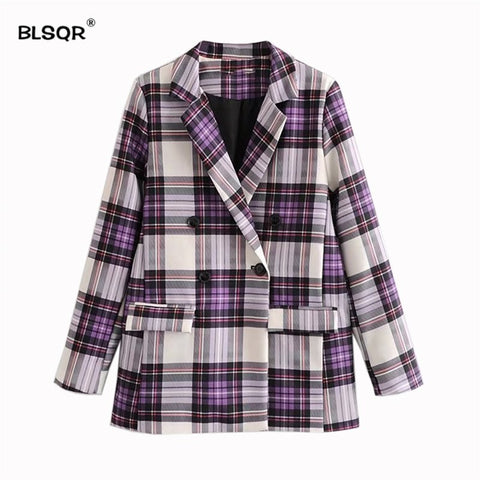 Fashion Women Elegant Plaid Blazer Long Sleeve Outerwear Notched Collar Pocket Office Lady Casual Tops
