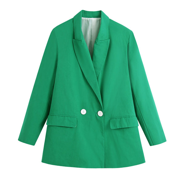 BLSQR Autumn Women's Blazer Jacket Casual Green Double Breasted Pocket Decorative Coat Elegant Tops
