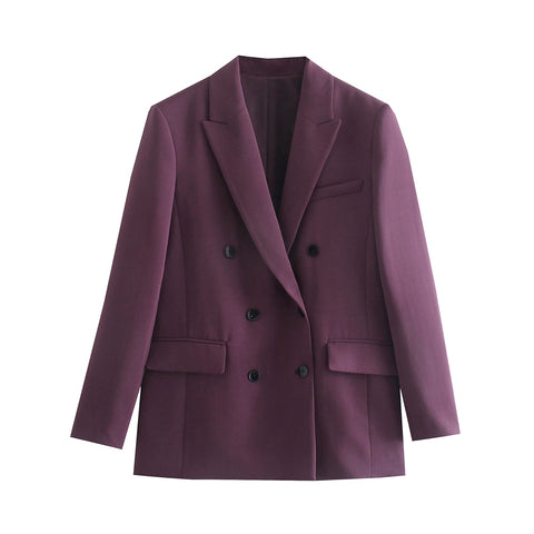 BLSQR Purple Elegant Blazers Women Double Breasted Straight Jackets Female Vintage Chic Casual Outwear Tops Lady