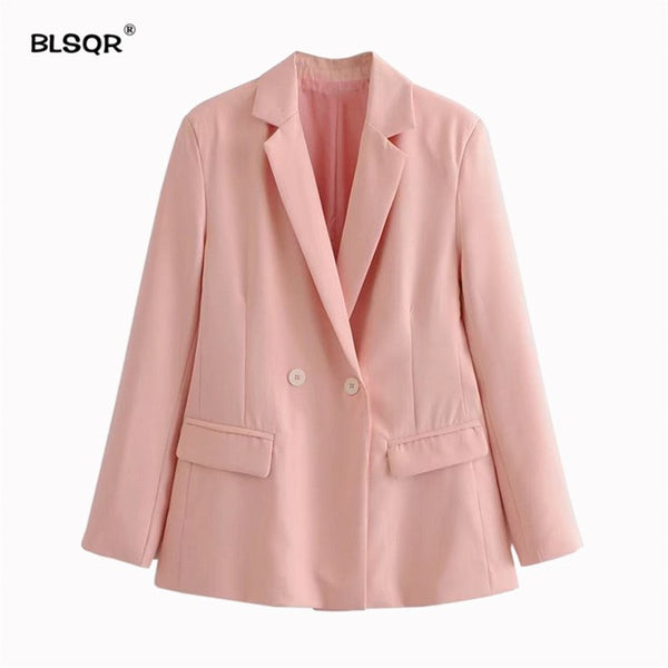 Women Basic Notched Collar Pink Blazers Pockets Double Breasted Female Retro Casual Outwear Chic Tops