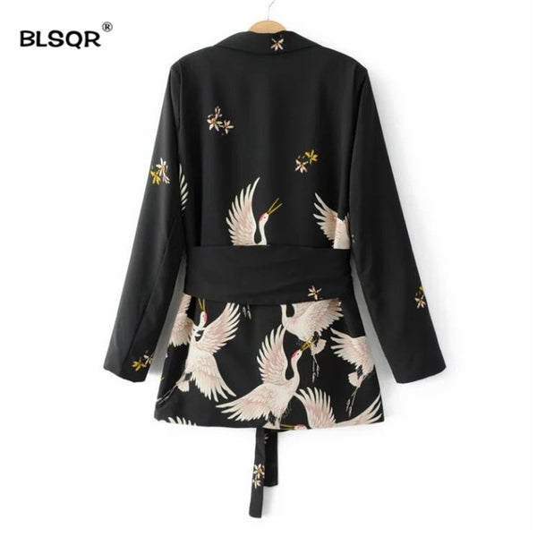 Women Black Sashes Floral Blazer Notched Collar Long Sleeve Coat Vintage Ladies Casual Brand 0uterwear Tops