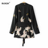 Women Black Sashes Floral Blazer Notched Collar Long Sleeve Coat Vintage Ladies Casual Brand 0uterwear Tops