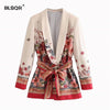 Women Elegant Floral Print Blazer Sashes Long Sleeve Outerwear Notched Pocket Office 2022 Casual Tops New