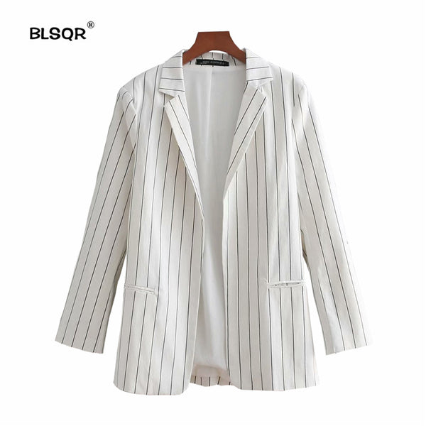 Women Elegant Striped White blazer Crimping Three Quarter Sleeve Outerwear Notched Pocket Office Casual Tops