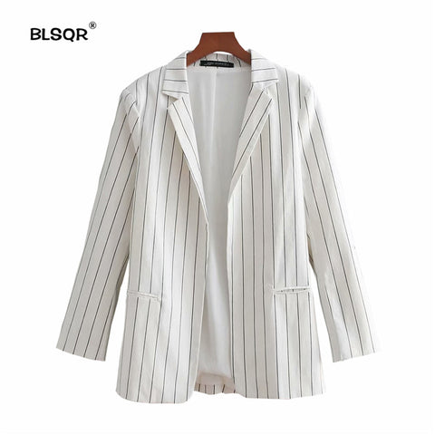 Women Elegant Striped White blazer Crimping Three Quarter Sleeve Outerwear Notched Pocket Office Casual Tops