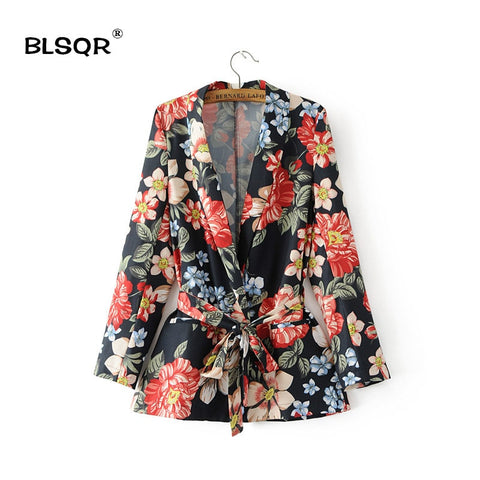Women Fashion Chiffon Floral Print Pockets Blazer V-neck Long Sleeves Belted Ladies Business Suits Casual Outerwear Coat