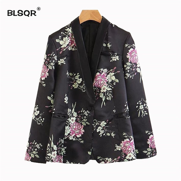 Women Vintage Floral Print blazer Notched Collar Long Sleeve Casual Black Outerwear Casaco Feminine Tops