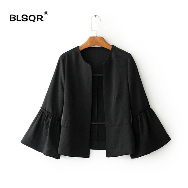 Women Work Coat Cardigans Spring Autumn Casual Office Ruffles Sleeve Suit Short Jacket Blazer For Ladies Clothes Red/Black