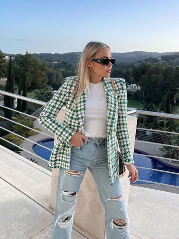 BM&MD&ZA 2387510 Women Jacket 2023 Double Breasted Tweed Check Blazer Coat Vintage Long Sleeve Pockets Female 2387/510