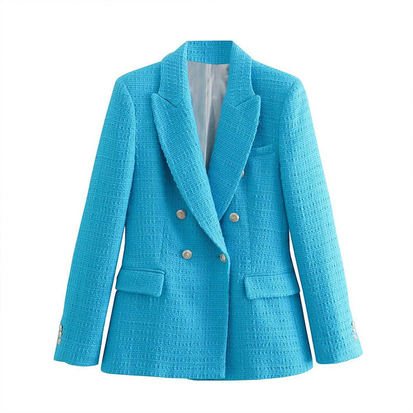 BM&MD&ZA Women 2023 Spring Double Breasted Tweed Check Blazer Coat Vintage Long Sleeve Pockets Outerwear