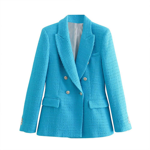 BM&MD&ZA Women 2023 Spring Double Breasted Tweed Check Blazer Coat Vintage Long Sleeve Pockets Outerwear