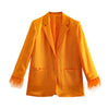 BM&MD&ZA Women 2023 summer Feather Sleeves Silk Texture Blazer Coat Vintage Long Sleeve Female Outerwear Chic Femme