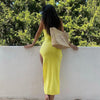BOOFEENAA Sexy Bodycon Knit Dresses for Women 2023 Vacation Outfits Yellow White Backless High Split Long Dress C83-BC18