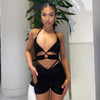 BOOFEENAA Sexy Solid Two Piece Sets Womens Outfits Summer Tracksuits Drawstring Shorts Cutout Halter Top  Items C92CA18