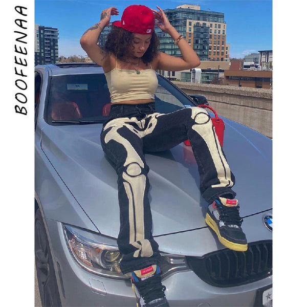 BOOFEENAA Skeleton Patterned Low Rise Jeans Streetwear Women Black Denim Trousers Cyber Y2k Goth Pants Fall 2022 C82-EF60