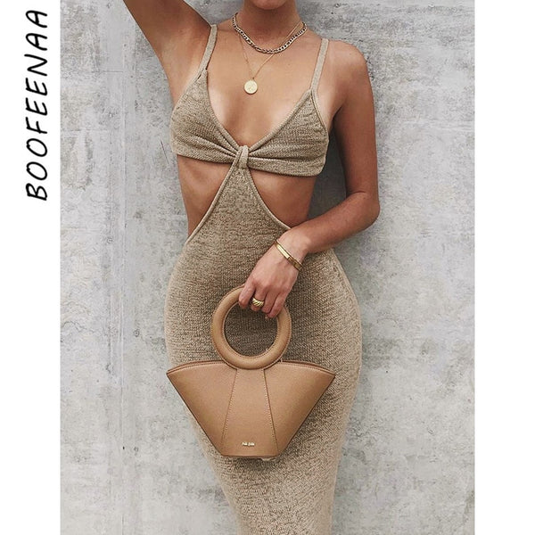 BOOFEENAA Vacation Knitted Maxi Dresses for Women Summer 2023 Elegant Sexy Party Cut Out Backless Bodycon Dress C69-BH27